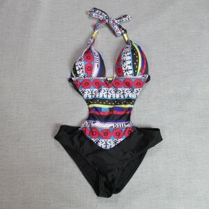 POO CHAI Swimsuit Women M Black Multicolor Halter One Piece Bathing Suit Tribal